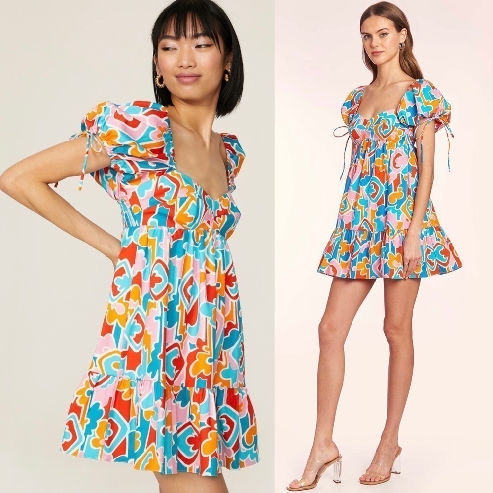 AMANDA UPRICHARD 90s Abstract Graphic Print Puff Short Sleeve Babydoll Dress L‎ - Picture 4 of 16
